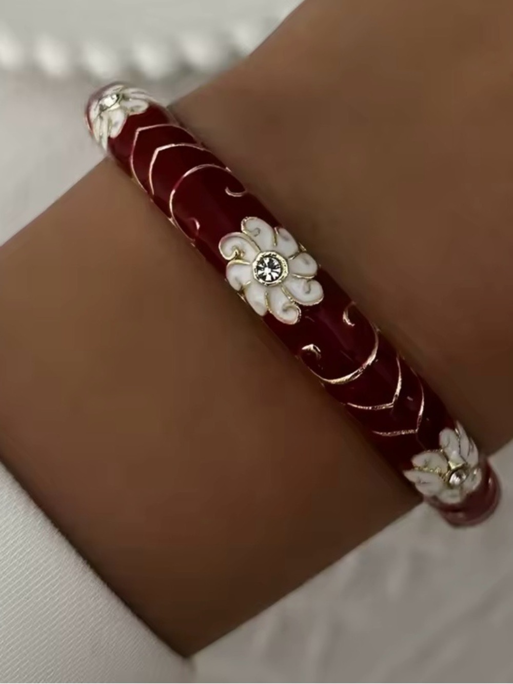 Red Floral Enamel Bangle Bracelet with Crystal Accents
